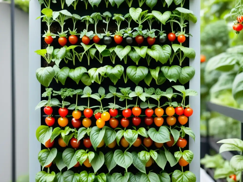 Un exuberante jardín vertical comestible en casa, con plantas de albahaca, menta, fresas y tomates cherry, en armonía funcional y estética