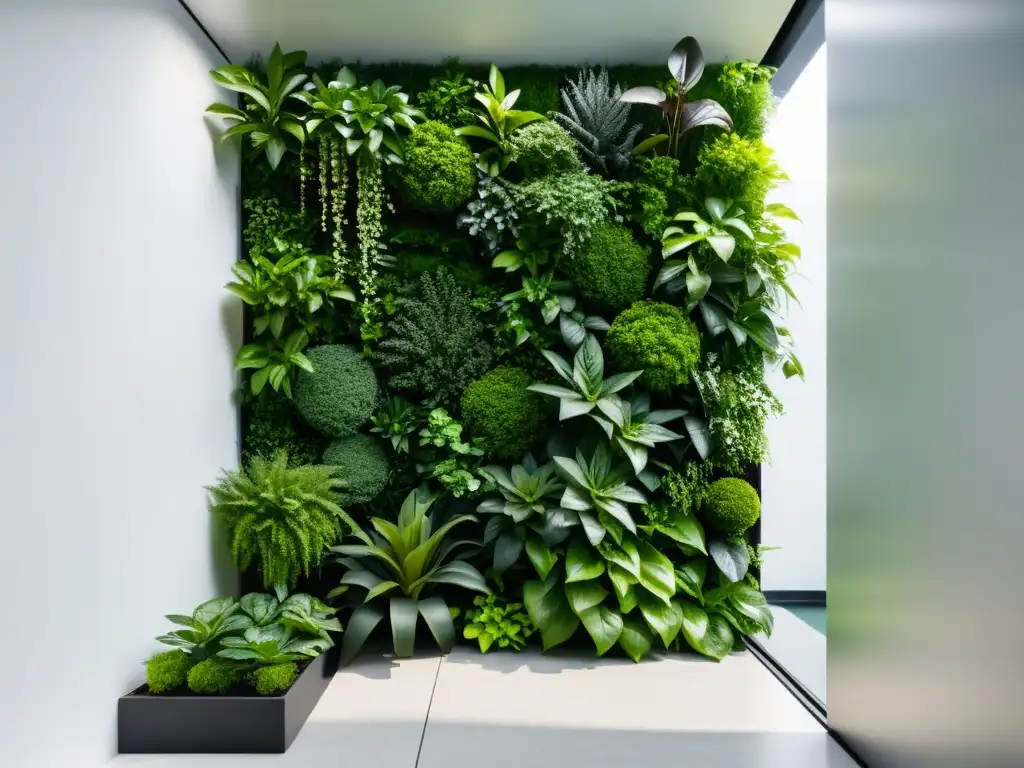 Un exuberante jardín vertical de diseño moderno con vegetación en cascada