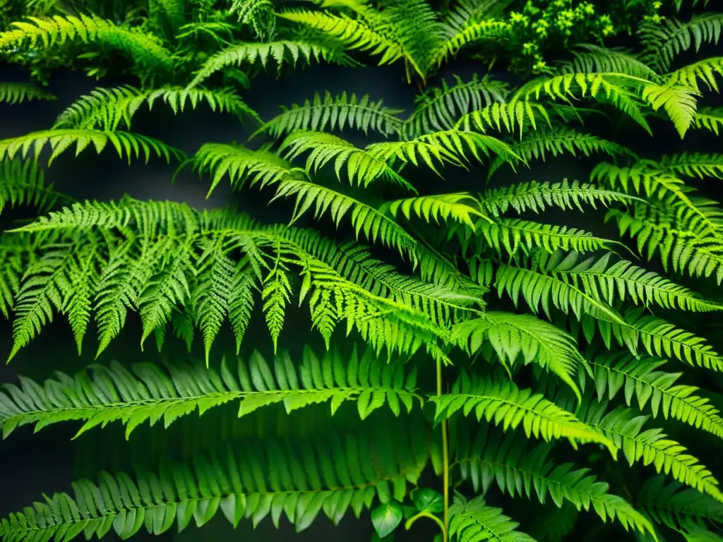 Un exuberante jardín vertical con helechos aéreos verdes vibrantes, creando una atmósfera de tranquilidad y elegancia