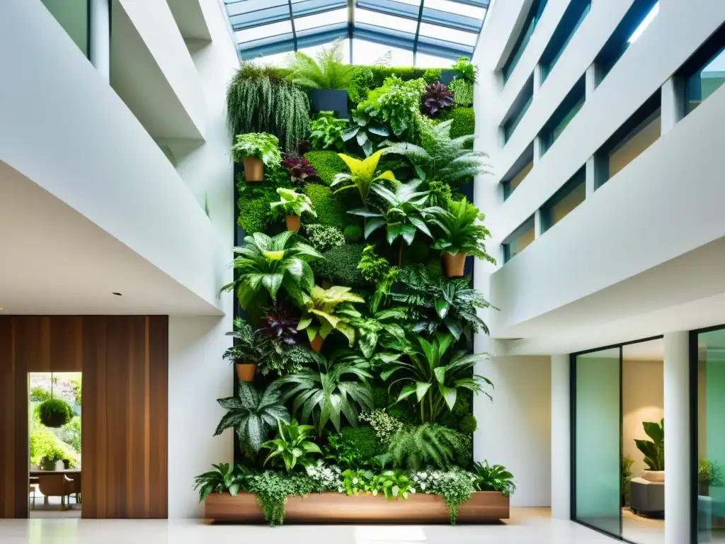 Un exuberante jardín vertical interior, lleno de plantas vibrantes, crea armonía y belleza en el espacio