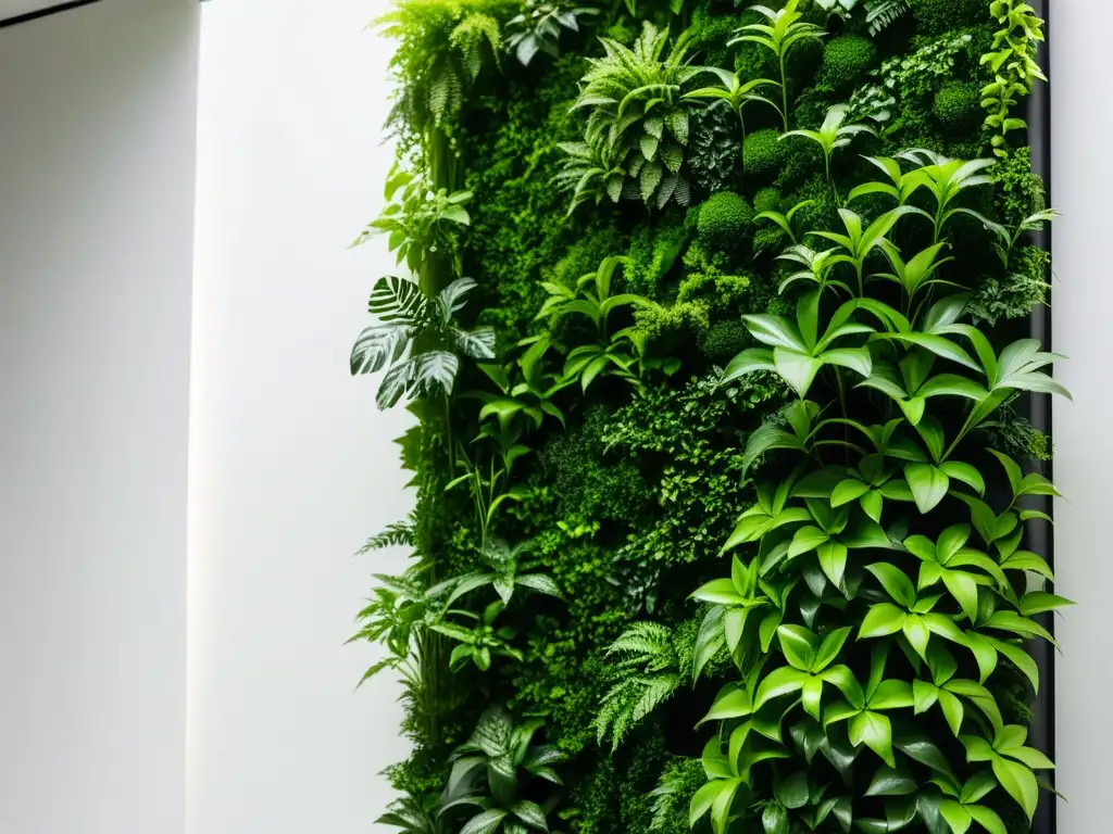 Un exuberante jardín vertical en interiores con plantas verdes vibrantes en una pared blanca minimalista