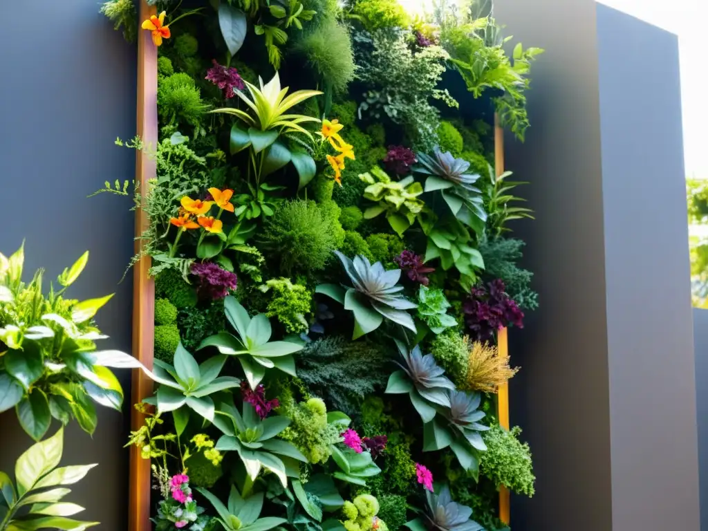 Un exuberante jardín vertical con materiales reciclados, rebosante de plantas y colores, bañado por la luz del sol