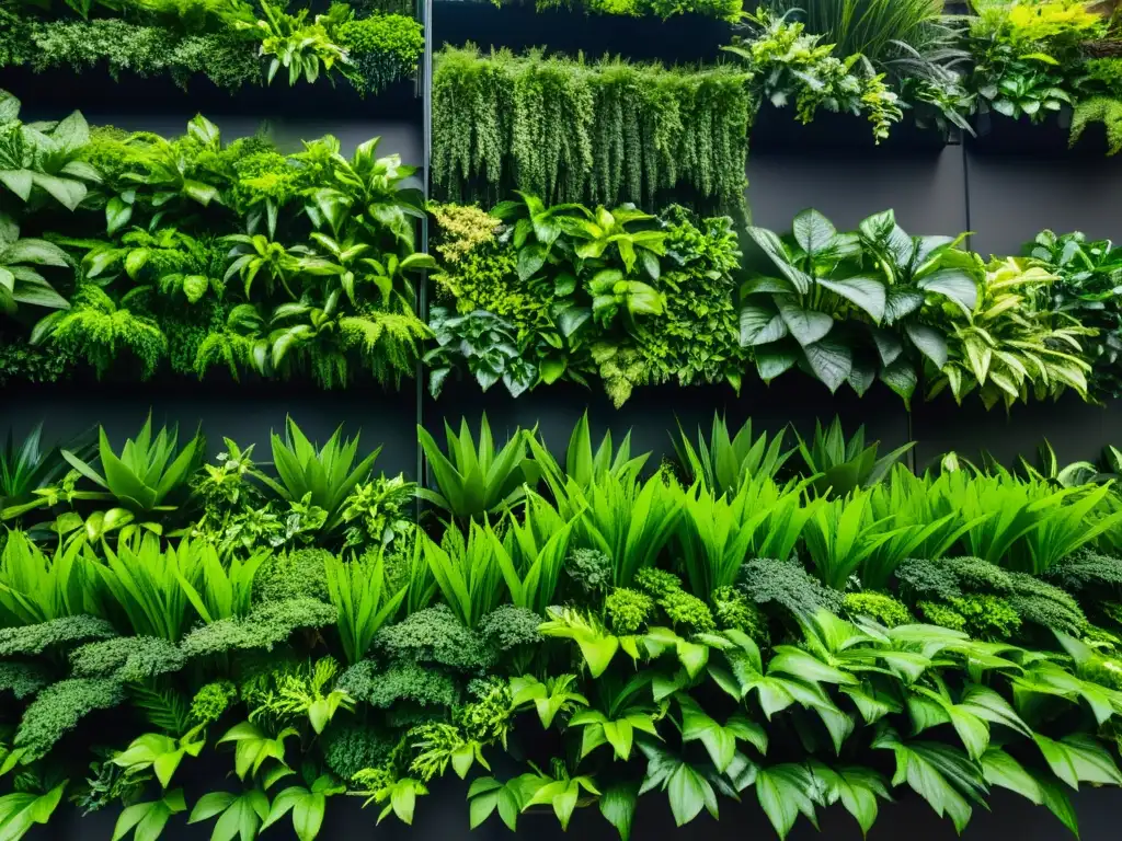 Un exuberante jardín vertical de plantas verdes vibrantes, cuidado y sin marchitar