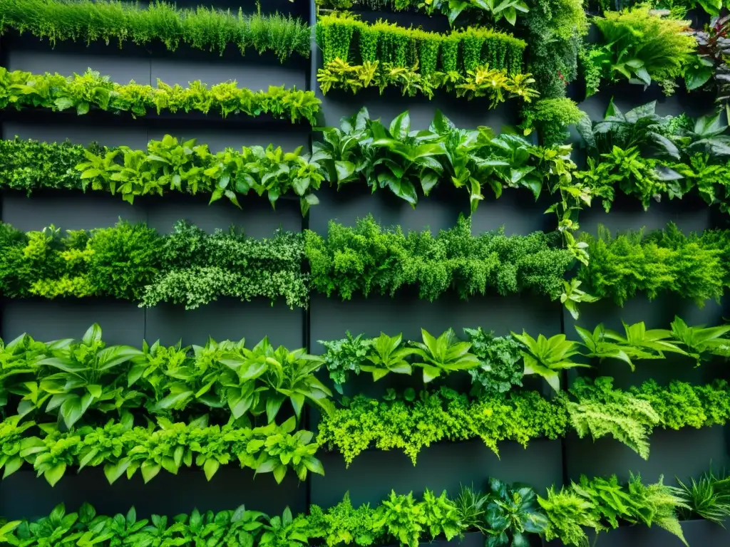 Un exuberante jardín vertical con plantas vibrantes en un diseño minimalista