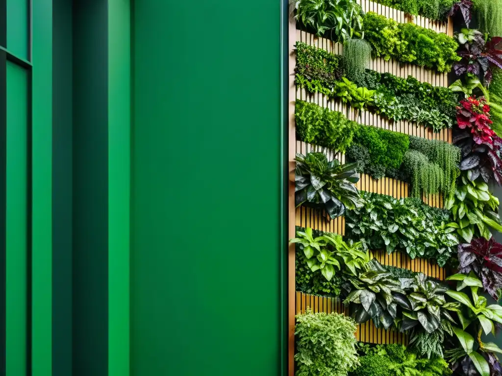 Un exuberante jardín vertical verde, con un diseño moderno y saludable, evocando eficiencia y control de plagas en jardines verticales