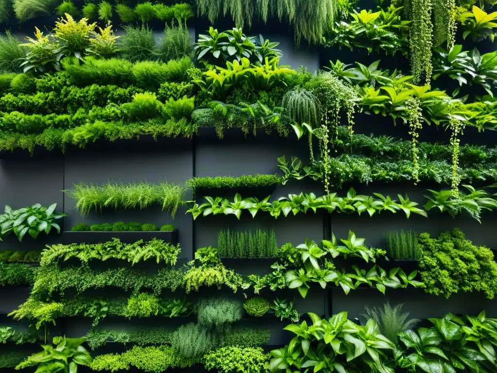 Exuberante jardín vertical con vibrantes plantas verdes, destacando los mejores sustratos para jardines verticales en un diseño moderno y armonioso