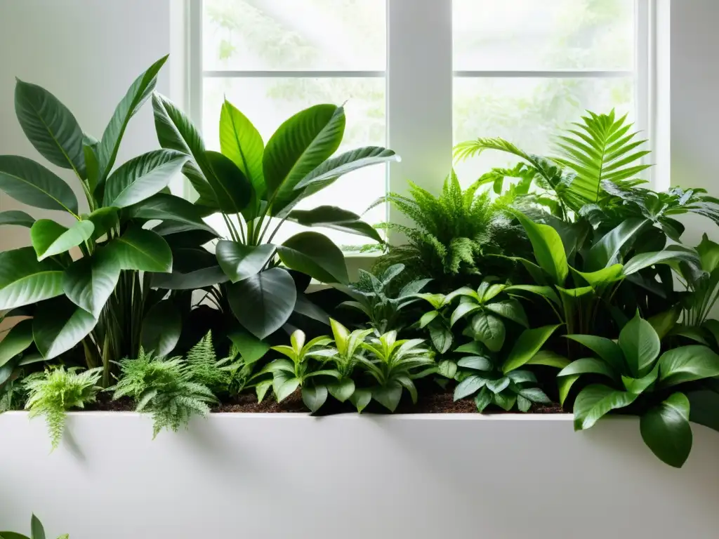 Un jardín interior exuberante y vibrante en contraste con un fondo blanco