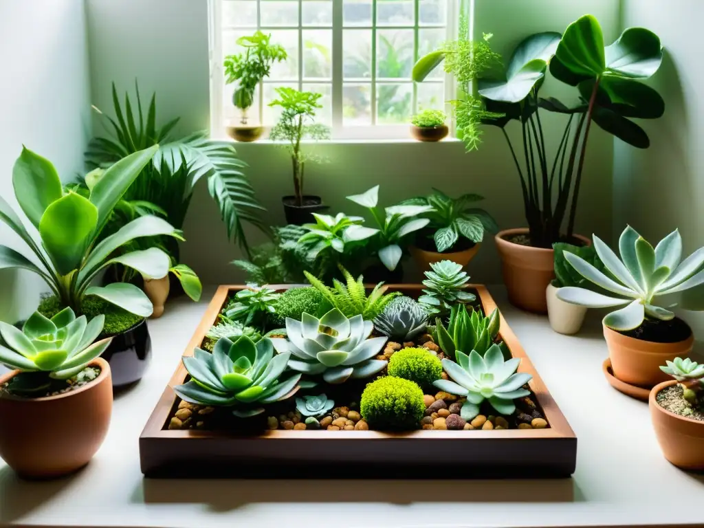 Un jardín interior exuberante y vibrante en un diseño tradicional de Mapa Bagua con plantas de interior, radiando armonía y equilibrio