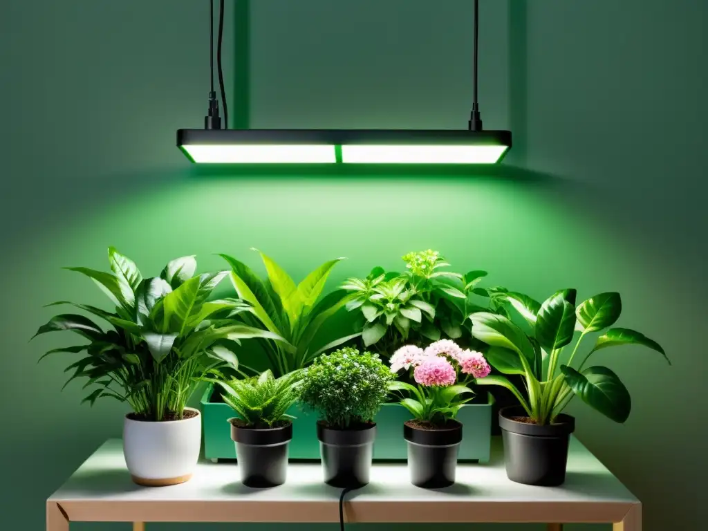 Un jardín interior exuberante y vibrante iluminado por luces LED para plantas, resaltando su belleza natural