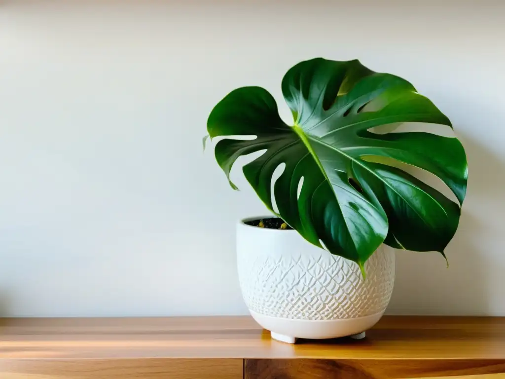 Un exuberante y vibrante monstera en una elegante maceta blanca sobre un estante de madera, irradiando calma y sofisticación