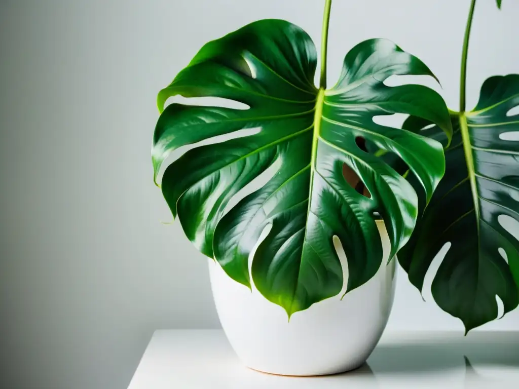 Una exuberante y vibrante planta monstera deliciosa en maceta blanca, con hojas grandes y brillantes