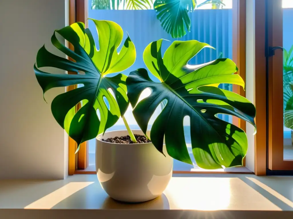 Una exuberante y vibrante planta monstera deliciosa en un elegante macetero cerámico, bañada por la luz del sol en una habitación