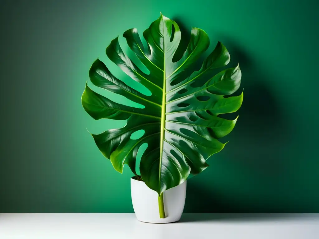 Una exuberante y vibrante planta de monstera con hojas grandes y brillantes que muestran patrones y texturas