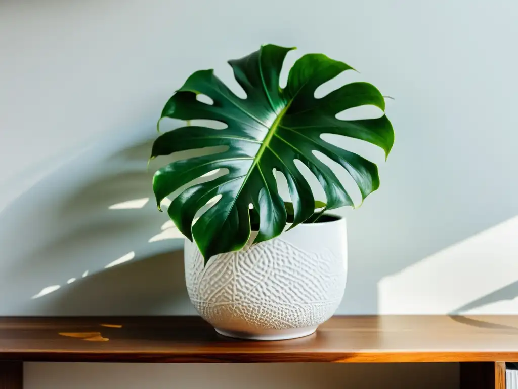 Una exuberante y vibrante planta de monstera deliciosa en maceta blanca, iluminada por la luz natural