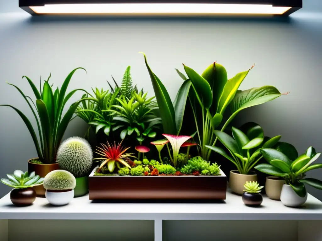 Un jardín interior exuberante y vibrante con plantas carnívoras, en un elegante ambiente minimalista