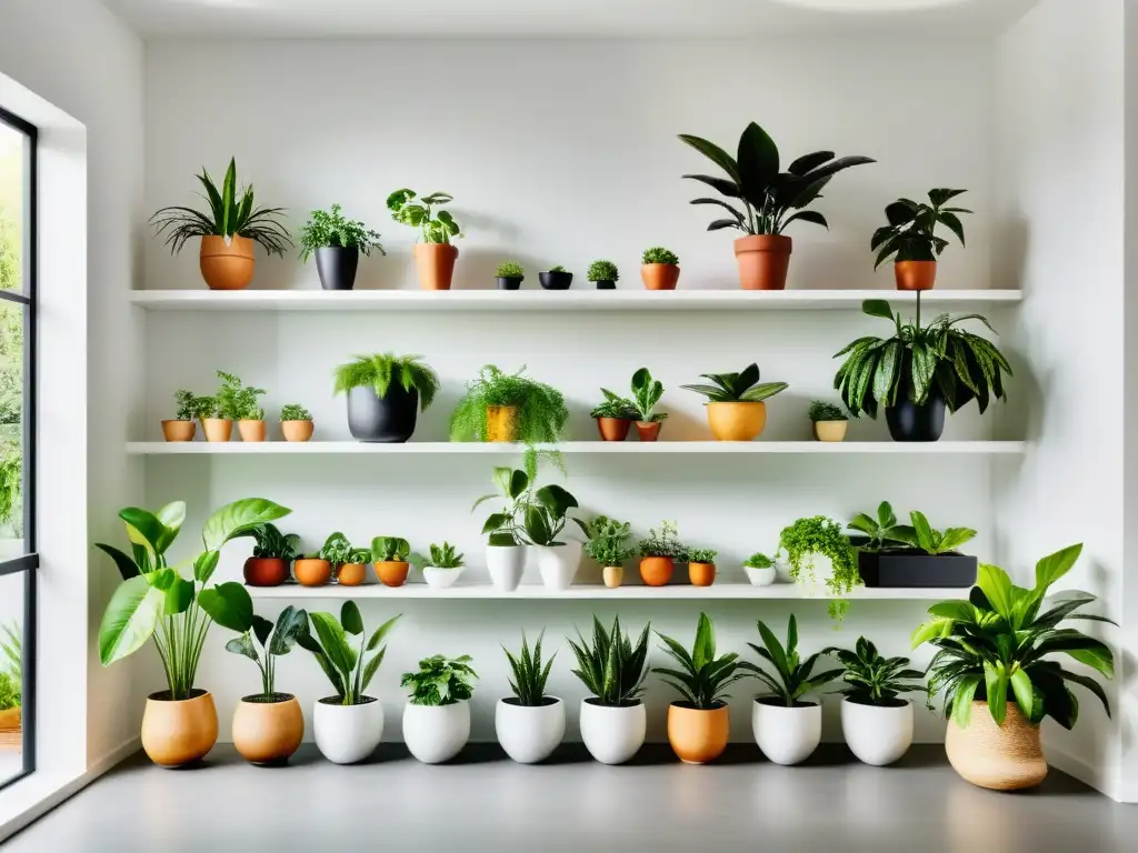 Un jardín interior exuberante y vibrante con plantas en estantes minimalistas, bañado por luz natural