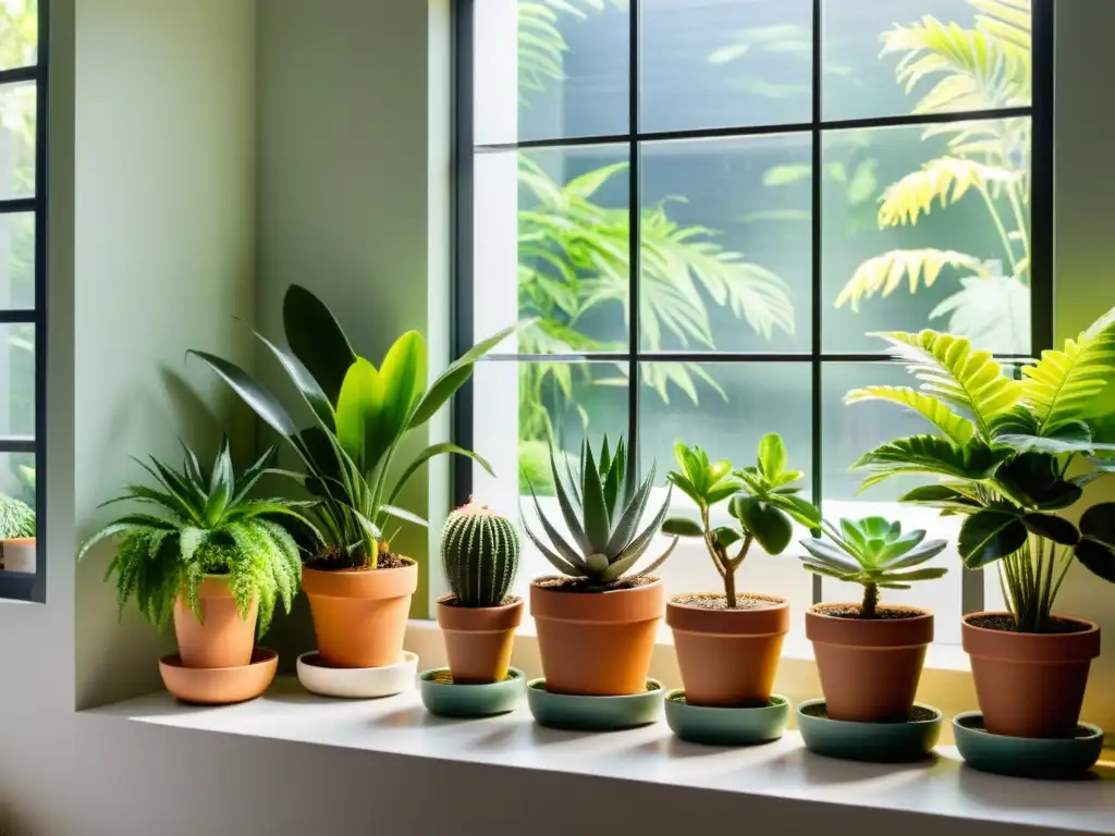 Un jardín interior exuberante y vibrante con plantas en estantes minimalistas