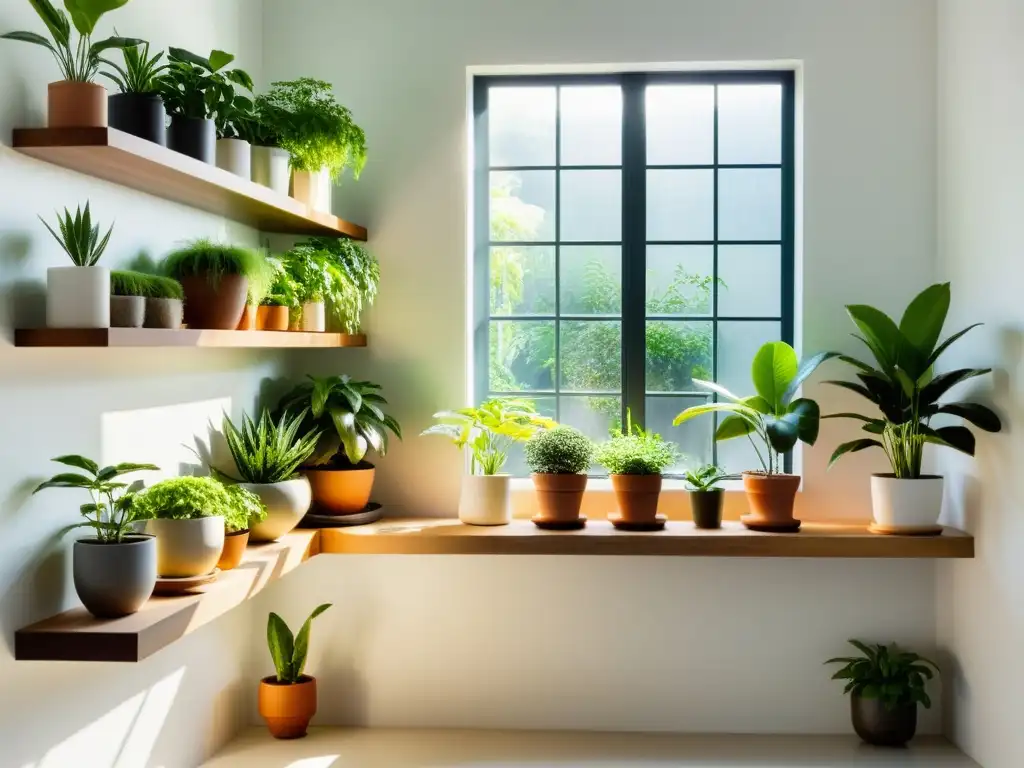 Un jardín interior exuberante y vibrante con plantas en macetas dispuestas en estantes minimalistas blancos