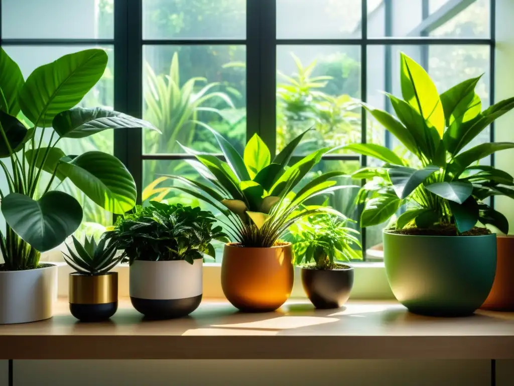 Un jardín interior exuberante y vibrante con plantas en macetas elegantes, iluminado por la suave luz del sol