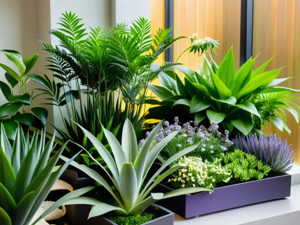 Un jardín interior exuberante y vibrante de plantas medicinales como lavanda, manzanilla y sábila