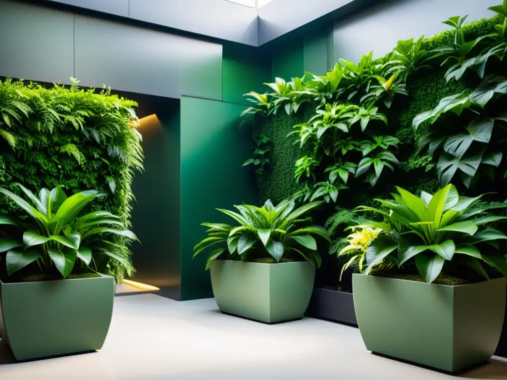 Un jardín interior exuberante y vibrante con plantas sanas, minimalismo y luz natural