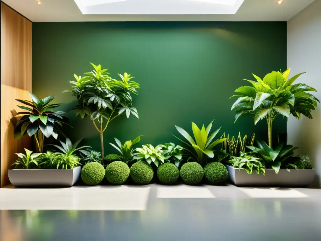 Un jardín interior exuberante y vibrante con una variedad de plantas en macetas minimalistas