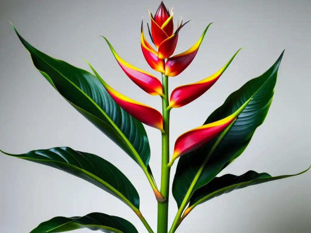 Fertilización para plantas de interior: Detalle de heliconia floreciente con hojas brillantes y flores coloridas sobre fondo blanco