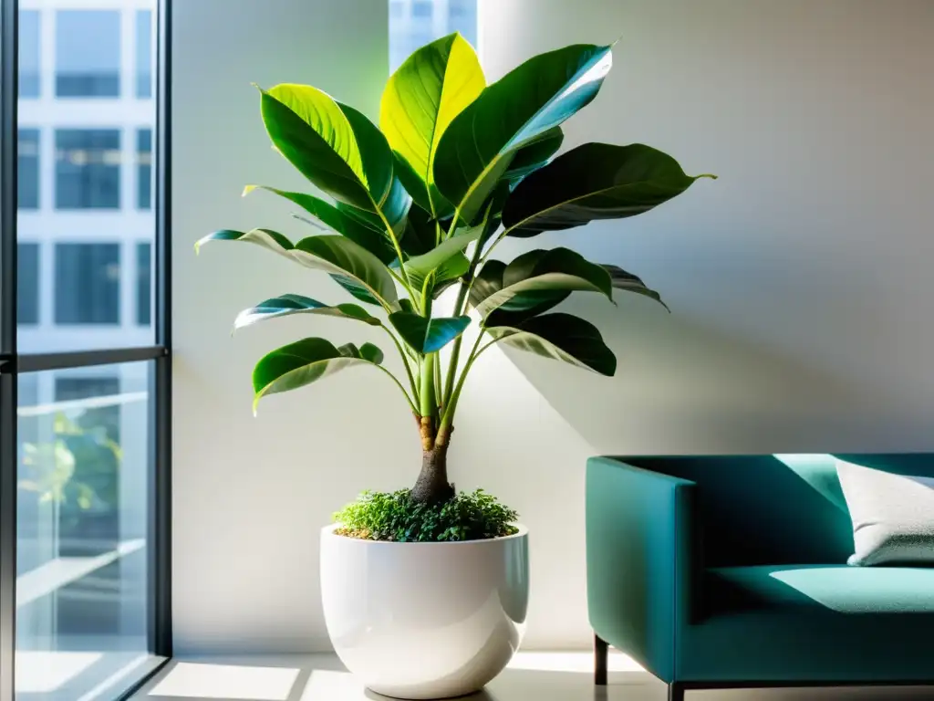 Un ficus exuberante y vibrante en un elegante y minimalista macetero blanco, destaca en una moderna y luminosa oficina