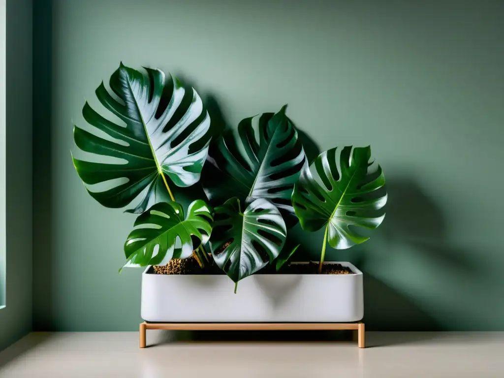 Aclimatando Ficus y Monstera en interiores: imagen minimalista con plantas exuberantes en un espacio moderno y luminoso