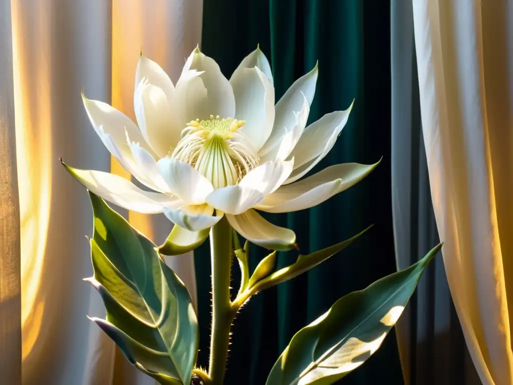 Una flor de cactus nochebuena desplegando sus delicados pétalos blancos, iluminada por la suave luz de la luna a través de una cortina transparente