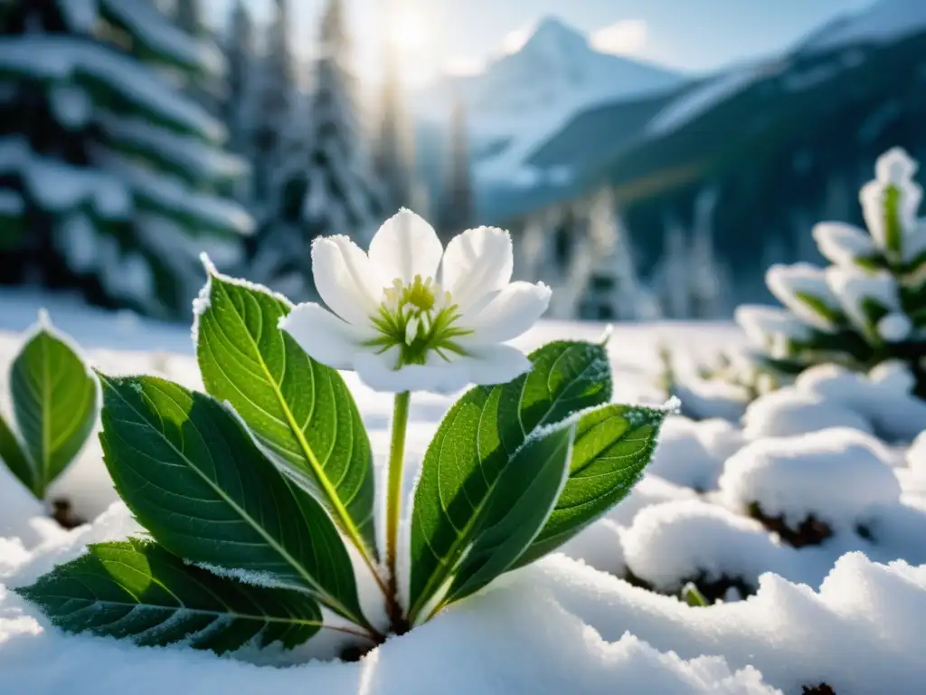 Una flor de nieve mítica florece en un bosque nevado, creando una escena fascinante de plantas en climas fríos