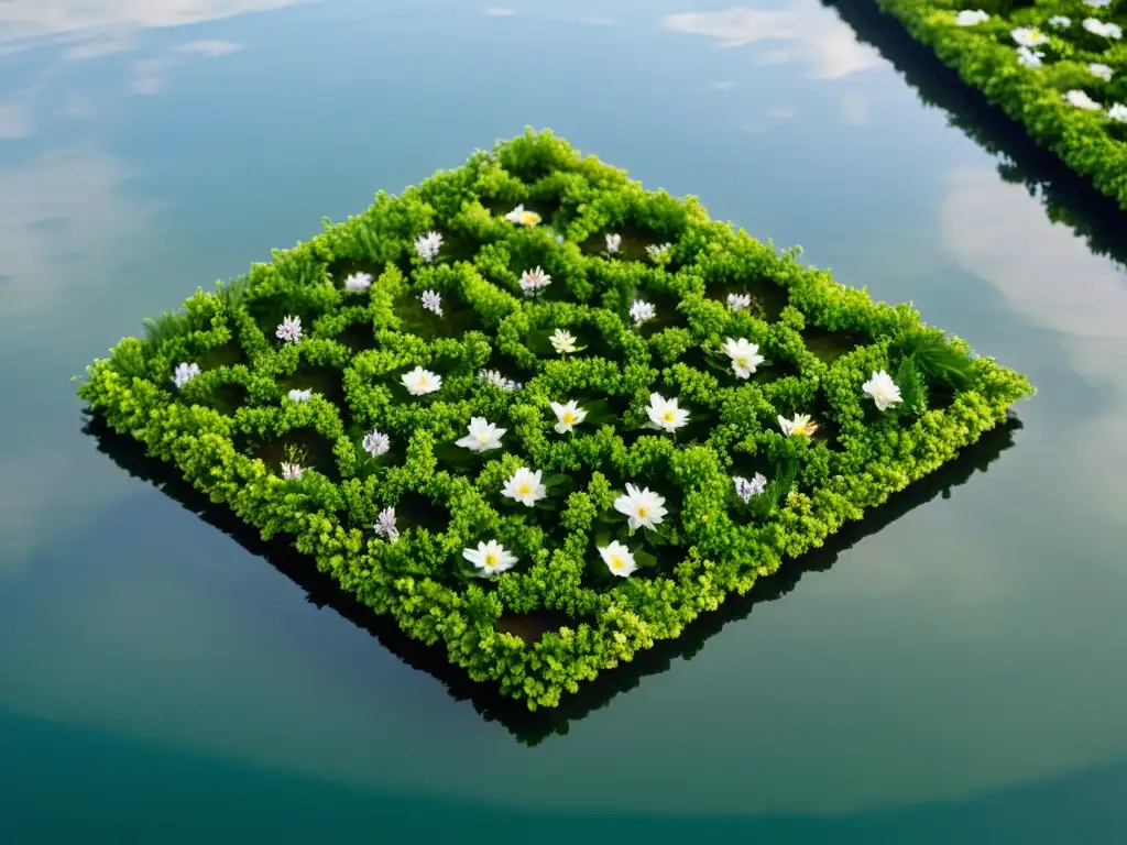 Jardín flotante de plantas aéreas con mantenimiento en equilibrio sobre el agua, evocando serenidad