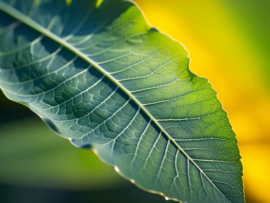 Fotografiando la fotosíntesis de plantas: Detalle de una hoja verde iluminada por la suave luz dorada, con venas prominentes y sombras delicadas