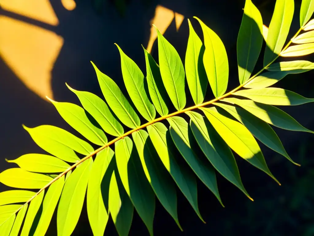 Fotografiando la fotosíntesis de plantas: luz dorada filtrándose entre hojas verdes, creando sombras intrincadas en el suelo