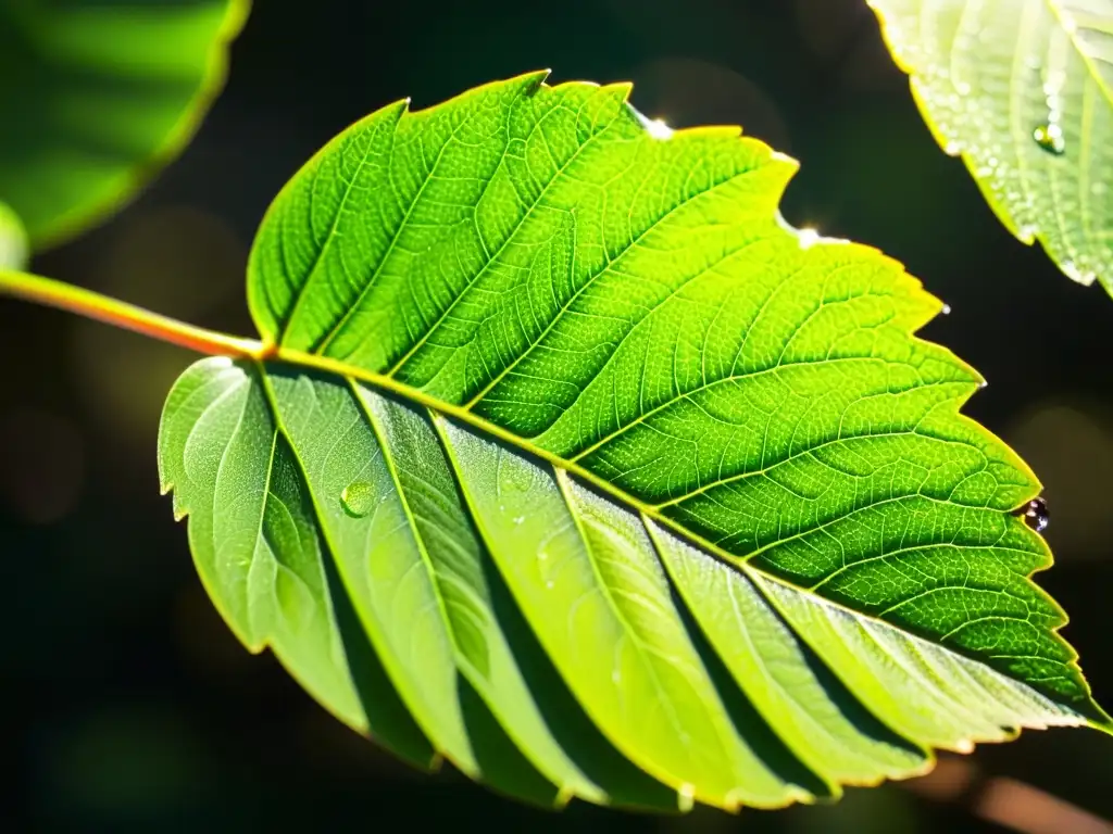 Fotografiando la fotosíntesis de plantas: luz solar filtrándose a través de hojas verdes, creando patrones de sombra y reflejando gotas de agua