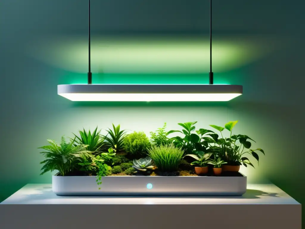 Un jardín interior futurista con integración IoT, combina naturaleza y tecnología en armonía