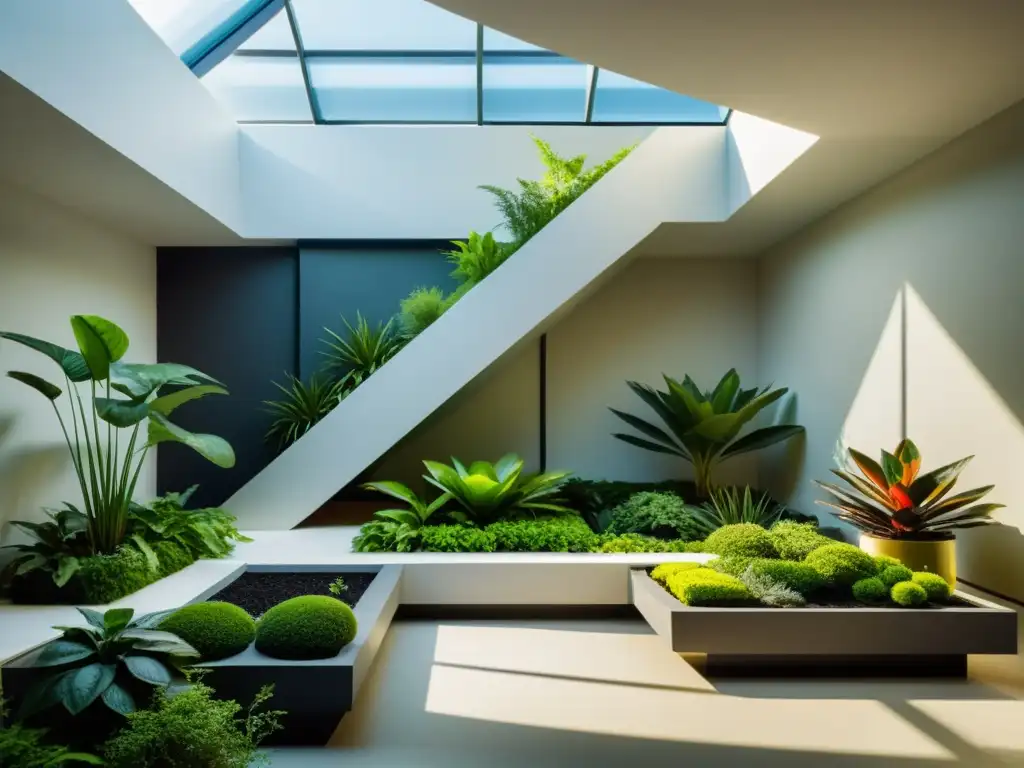 Jardín interior futurista con plantas exuberantes y diseño minimalista