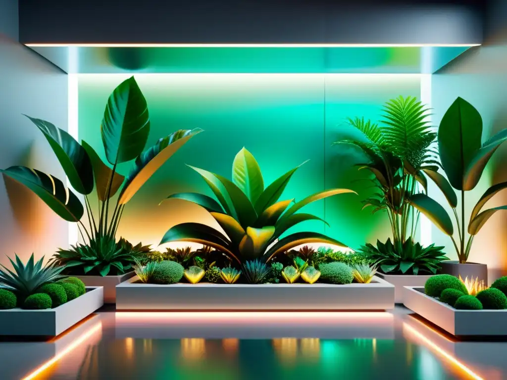 Jardín interior futurista con plantas vibrantes y metálicas, adaptación al cambio climático