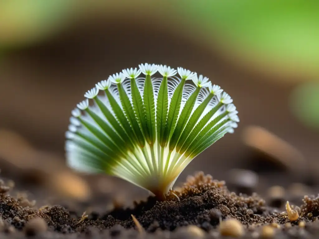 Germinación de esporas de helechos: Detalle de una espora de helecho germinando en suelo húmedo, revelando un brote verde delicado