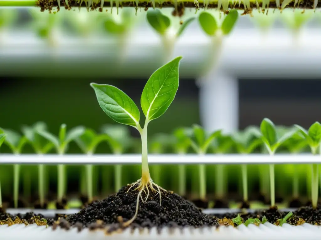 Germinación de semillas para hidroponía: Imagen detallada de una plántula emergiendo de medio hidropónico, con raíces blancas y tallo verde vibrante