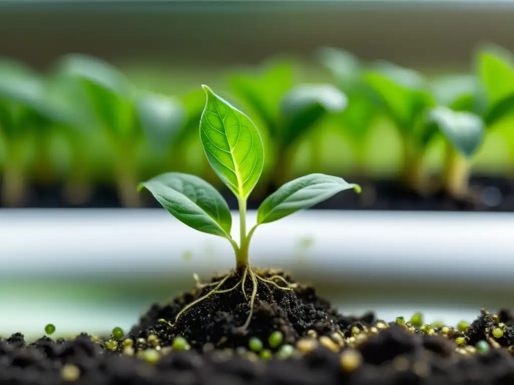 Germinación de semillas para hidroponía: Detalle de plántula emergiendo de medio de cultivo, raíces delicadas en agua nutriente