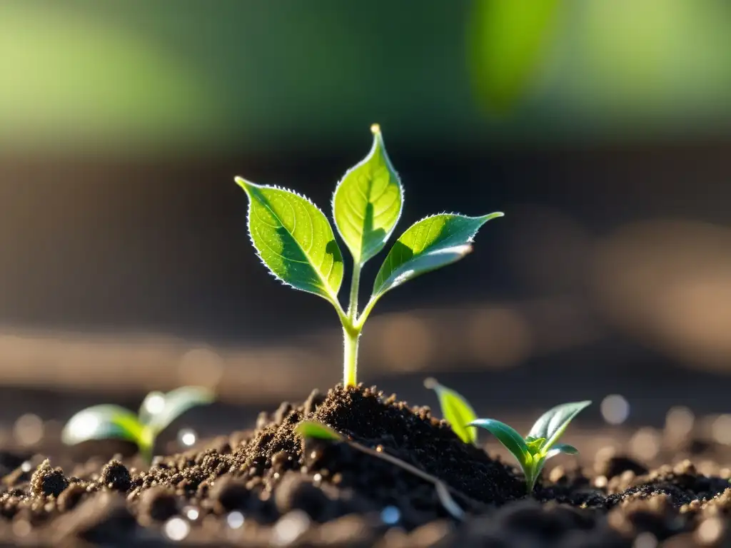 'Germinación de semillas plantas interior: Joven brote verde emergiendo de la tierra húmeda, con gotas de agua brillantes en la superficie