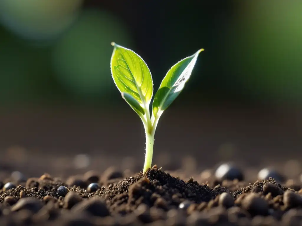 Germinación de semillas plantas interior: Delicado brote verde emerge de la tierra oscura, bañado en suave luz natural