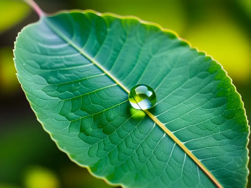 Una gota de agua en una hoja verde vibrante, muestra la técnica de hidratación para plantas de interior, con una atmósfera de equilibrio y delicadeza