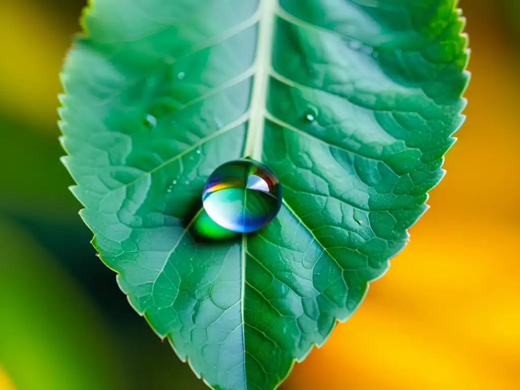 Una gota de agua en una hoja verde, reflejando luz y transmitiendo tranquilidad