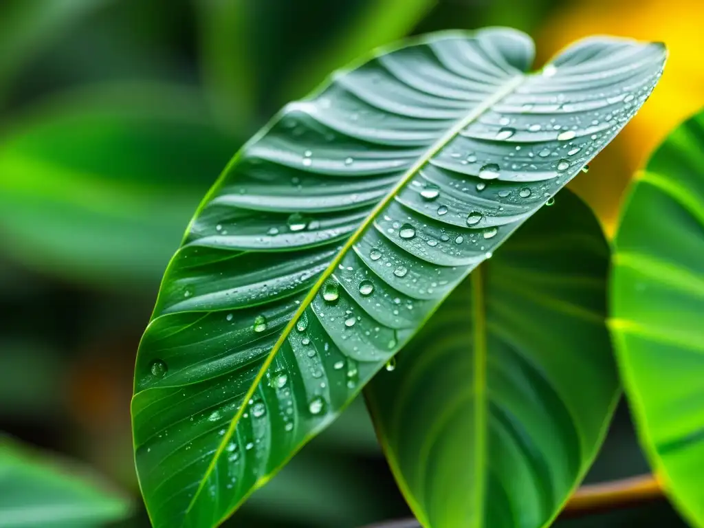 Gotas de agua brillantes sobre hojas verdes tropicales