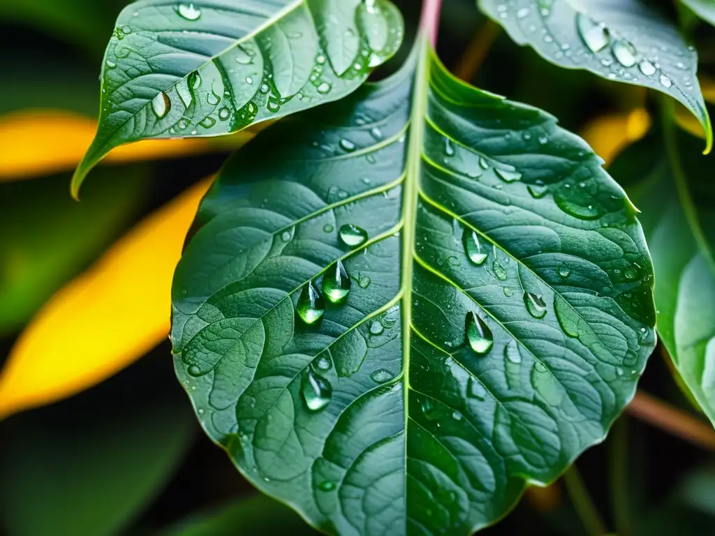 Gotas de agua brillantes sobre hojas de planta de interior, creando un ambiente de tranquilidad y elegancia