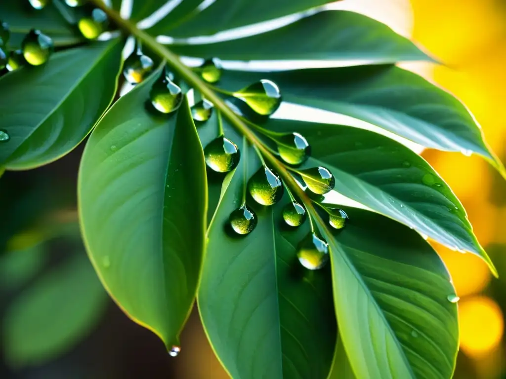 Gotas de agua brillantes sobre hojas verdes en luz dorada