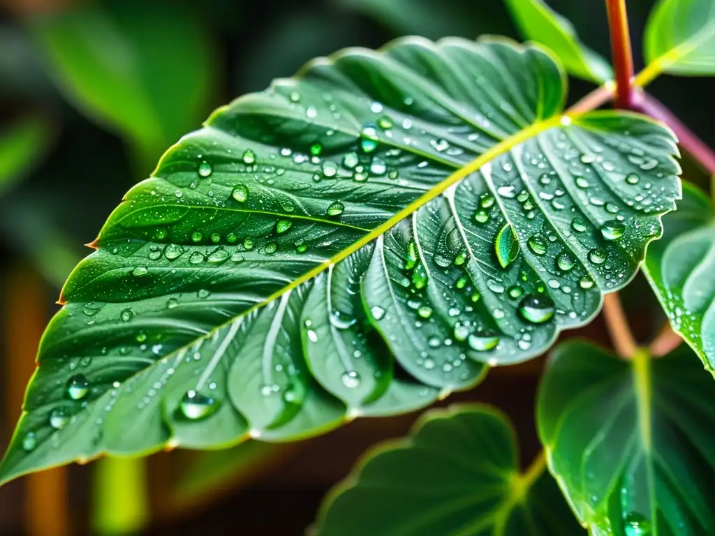 Gotas de agua brillantes sobre hojas verdes de planta de interior