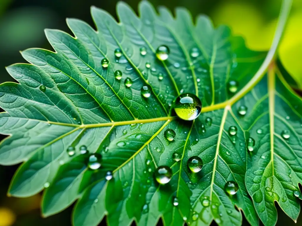 Gotas de agua en hoja de planta verde, reflejando su entorno